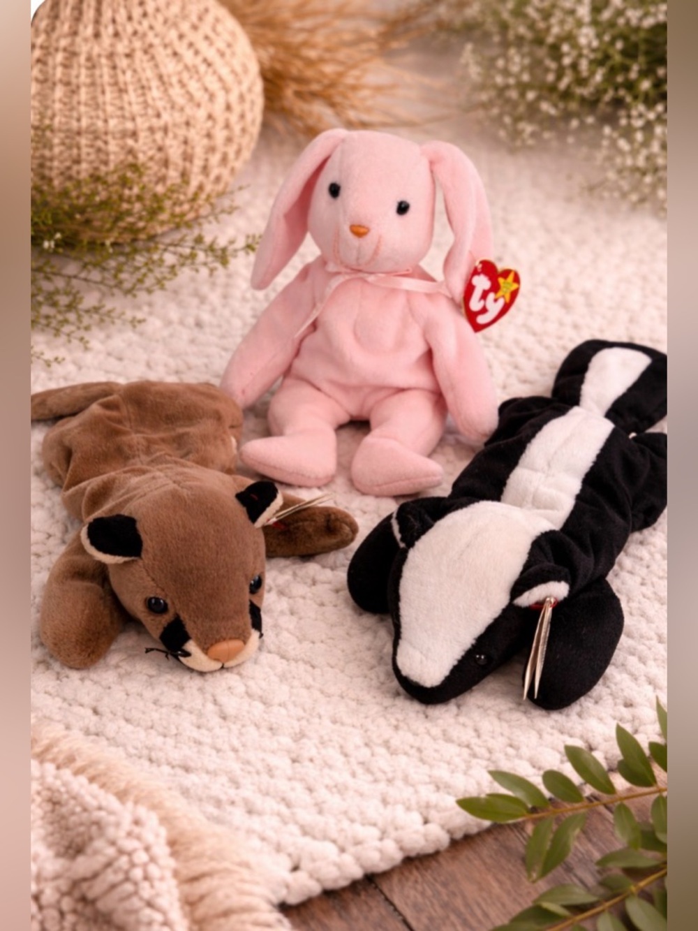 #204 Ty Beanie Babies Bundle Bunny 🦨 Skunk Cougar Plush Hoppity 🐰 Stinky Canyon